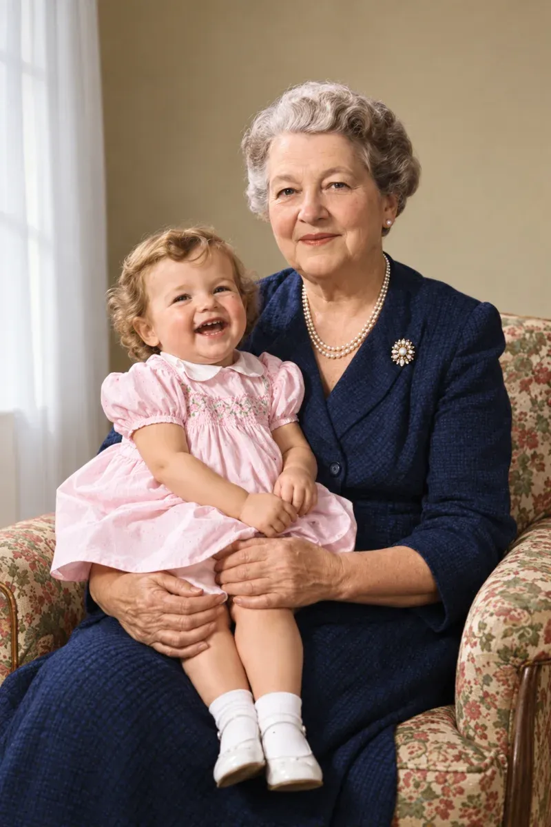 1950s photograph of a grandmother holding a toddler — restored