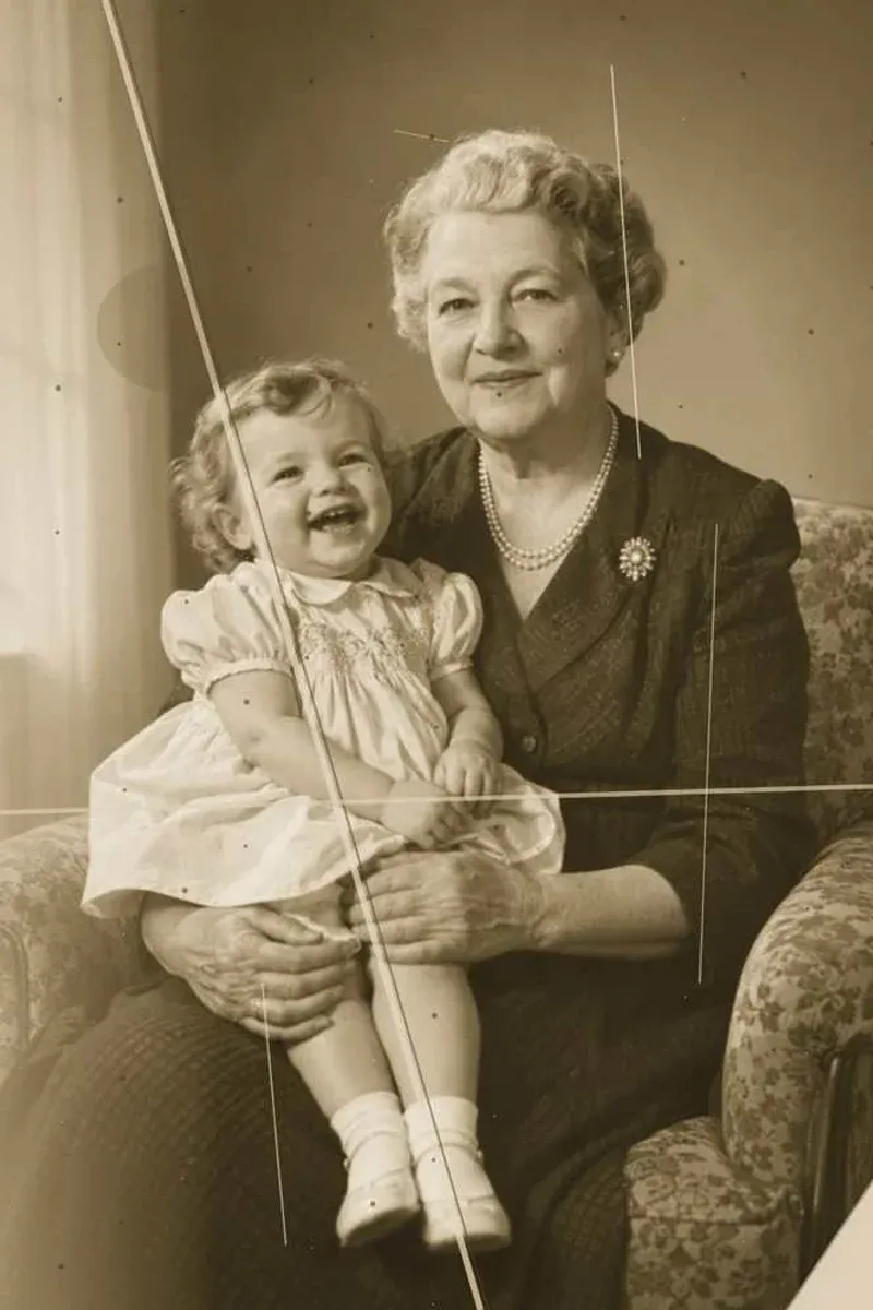 1950s photograph of a grandmother holding a toddler — damaged original
