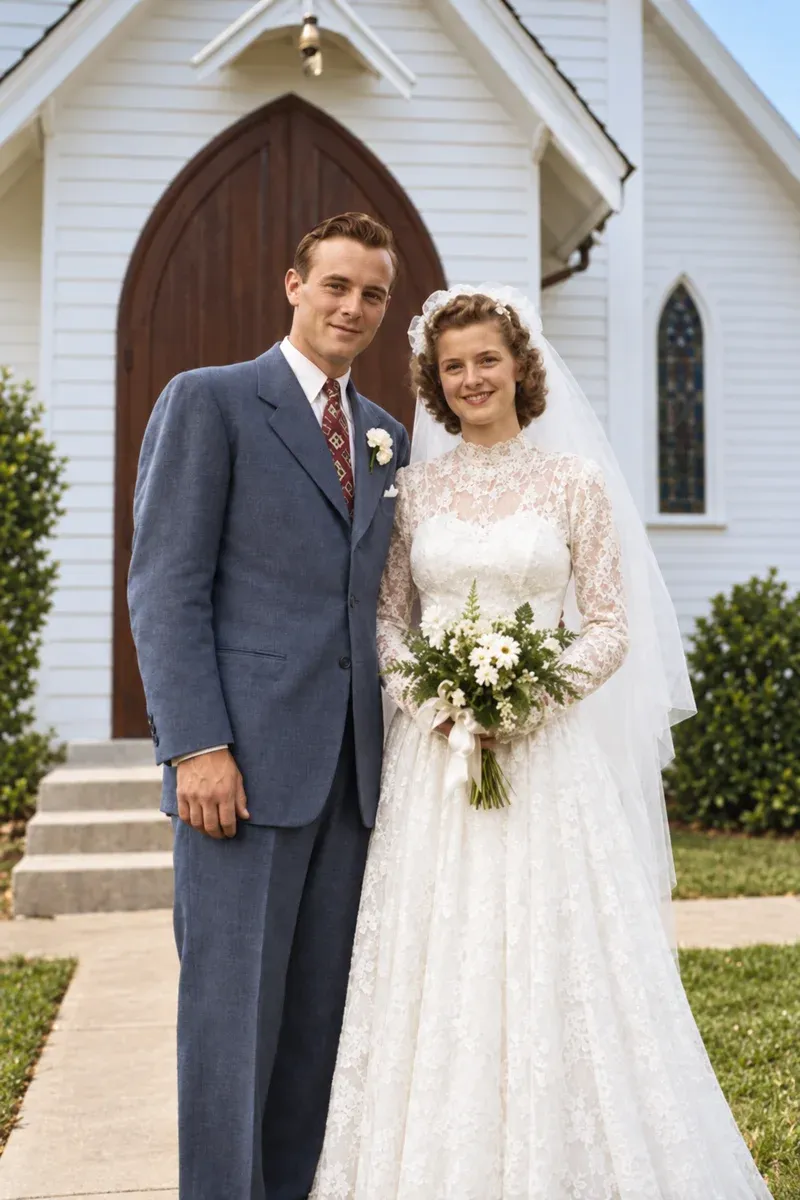 1940s wedding photograph outside a church — restored